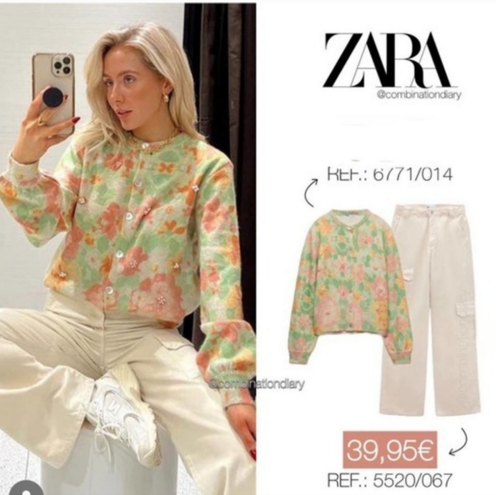 ZARA PEARL TRIM JACQUARD KNIT CARDIGAN MULTICOLORED SIZE S